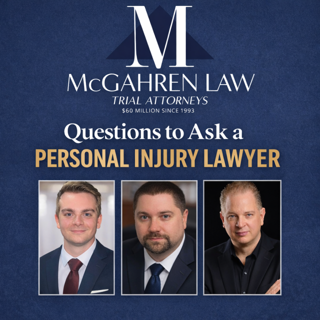 Questions to Ask a Personal Injury Lawyer | McGahren Law Trial Attorneys McGahren Law trial attorneys in professional suits promoting blog post “Questions to Ask a Personal Injury Lawyer” with navy and gold branding.