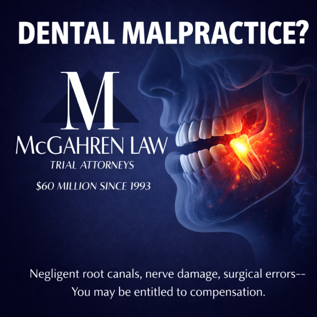 Dental Malpractice Attorney – McGahren Law Trial Lawyers Dental malpractice legal advertisement showing a semi-transparent jaw with a glowing infected tooth nerve and McGahren Law branding offering representation for dental negligence cases.