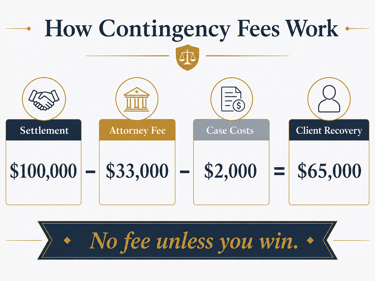 How Contingency Fees Work: Attorney fees and case costs are deducted from the settlement, leaving the client recovery, with no fee unless you win.