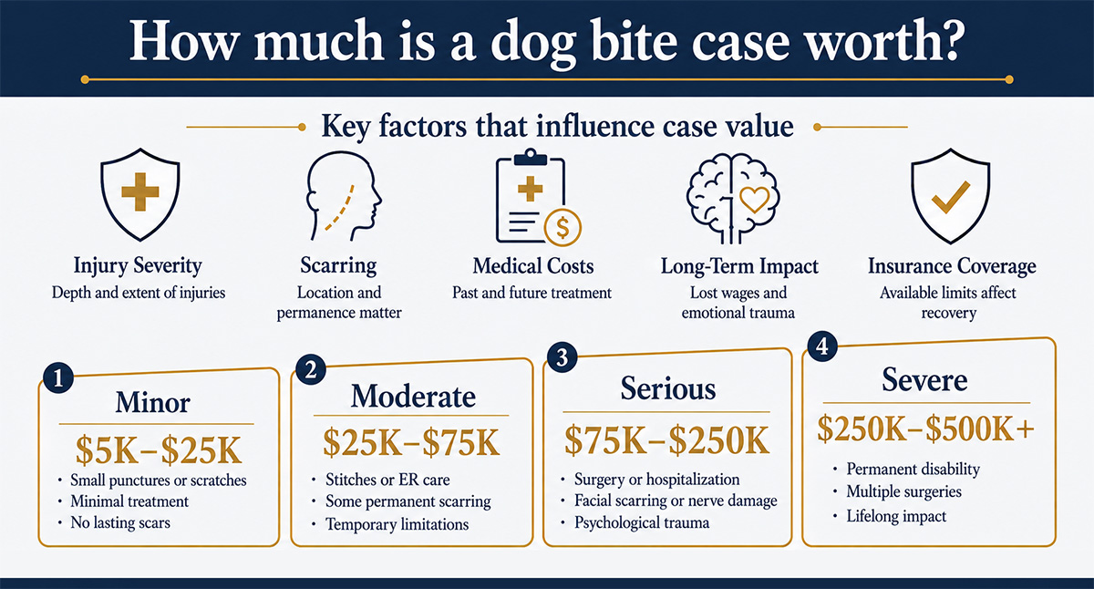 How much is a dog bite case worth? Case value depends on injury severity, medical costs, and coverage, ranging from $5K to $500K+.