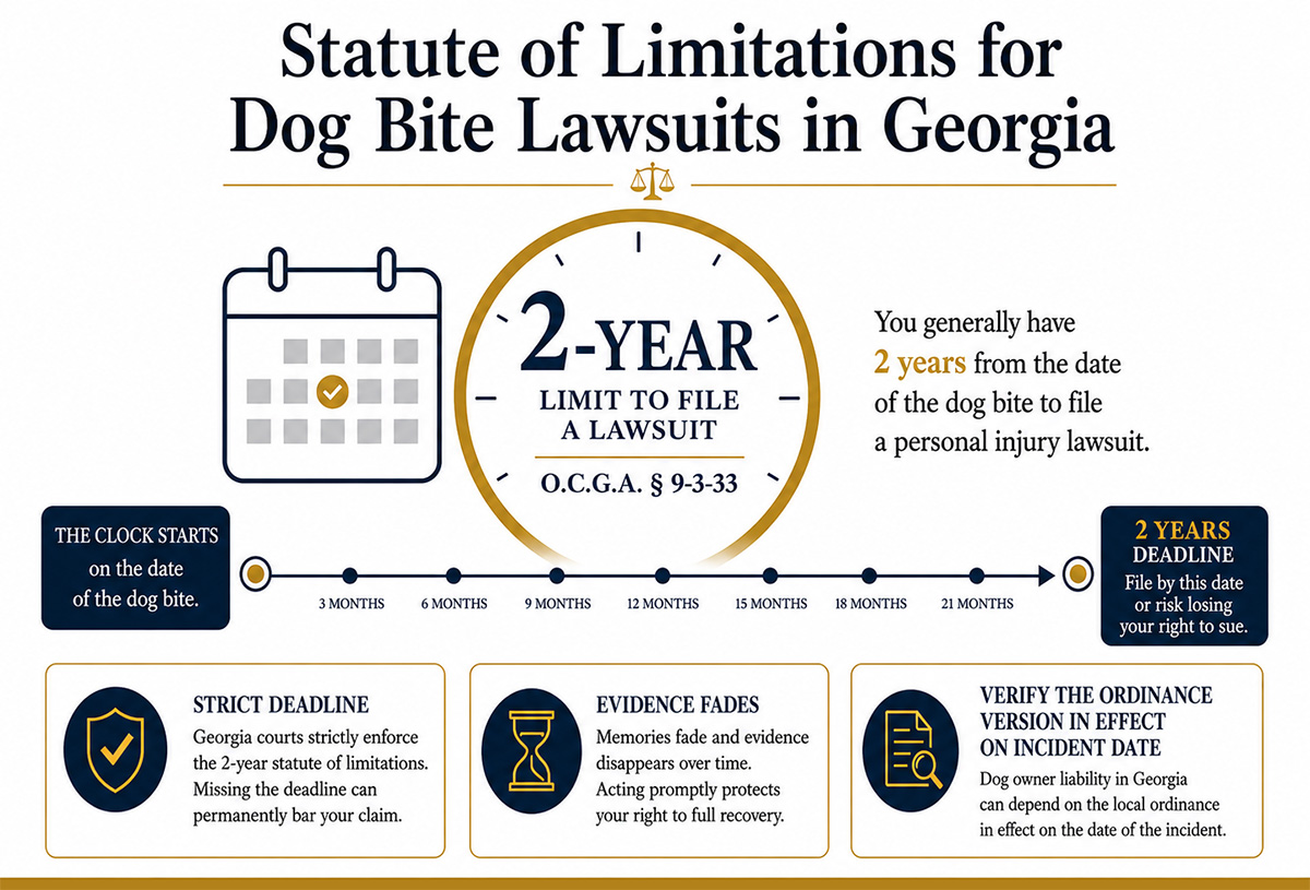 Statute of Limitations for Dog Bite Lawsuits in Georgia: You generally have 2 years from the bite date to file.