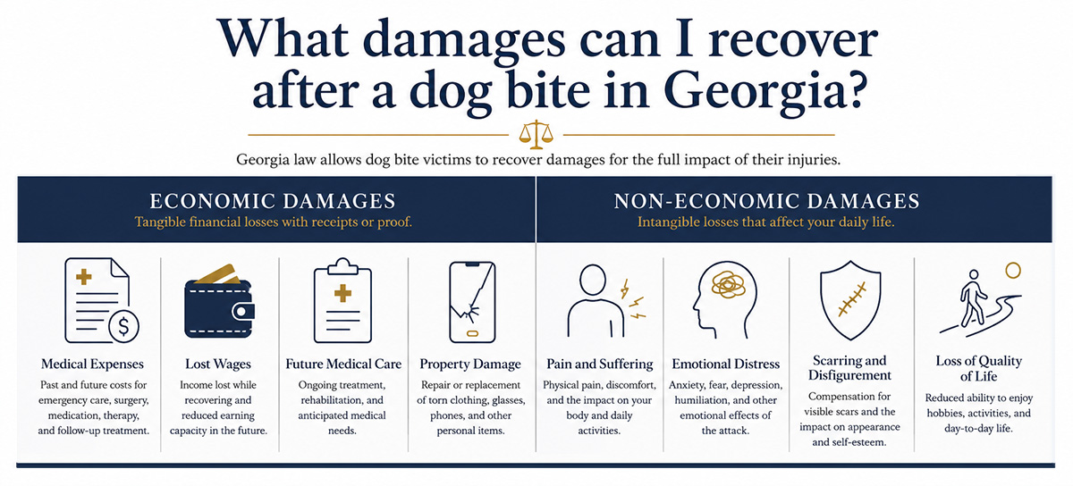 What damages can I recover after a dog bite in Georgia? Victims can recover economic (financial losses) and non-economic damages (intangible losses).