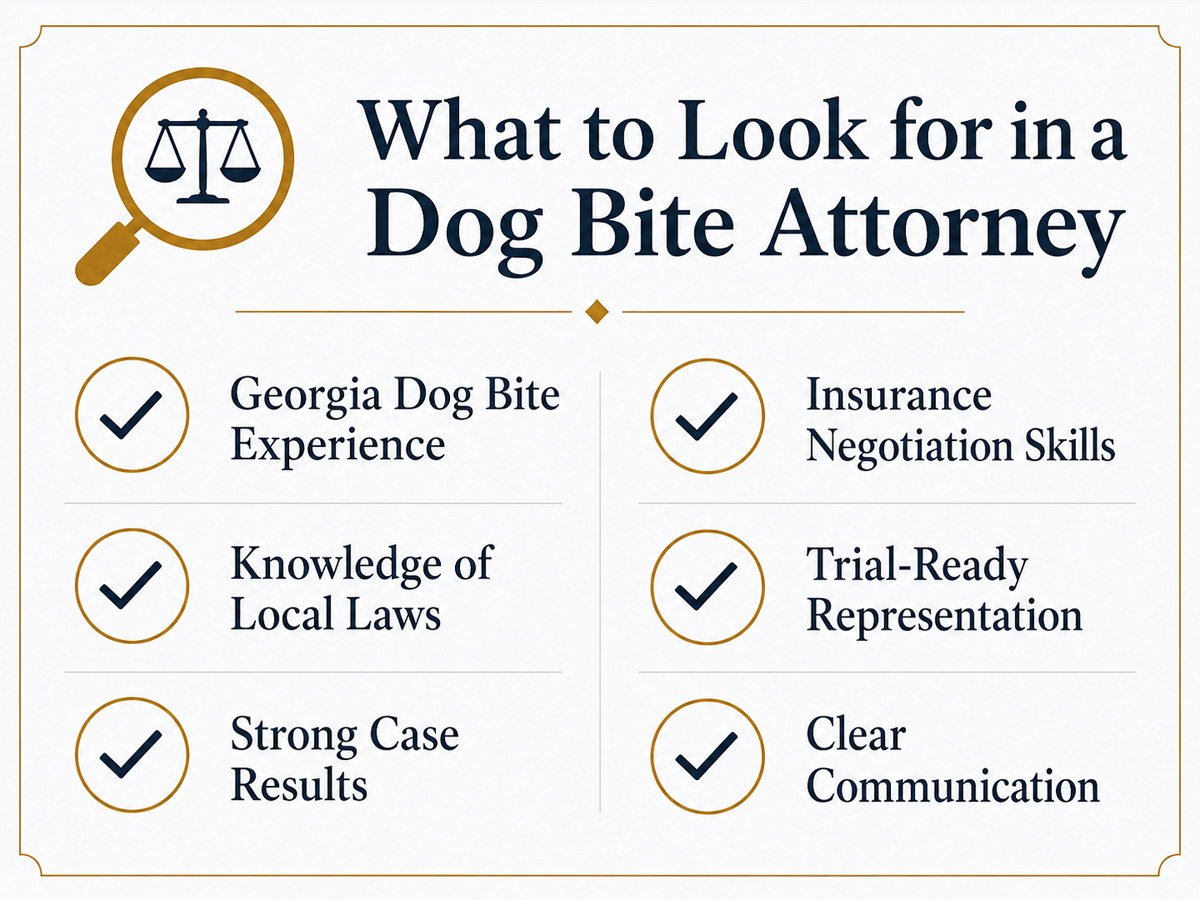 What to Look for in a Dog Bite Attorney: Look for experience, local law knowledge, strong results, insurance skills, trial readiness, and clear communication.