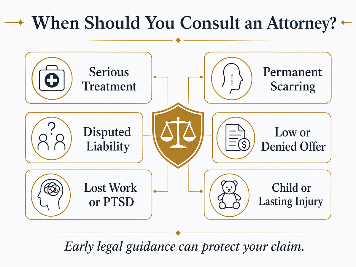 When Should You Consult an Attorney? Consult early if facing serious injuries, permanent scarring, disputed liability, low settlement offers, lost work, or PTSD.